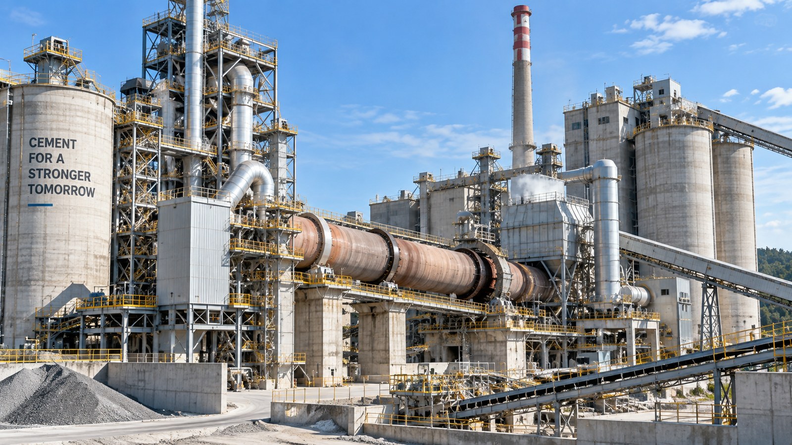 Industrial cement plant with silos, kiln, conveyors and process equipment