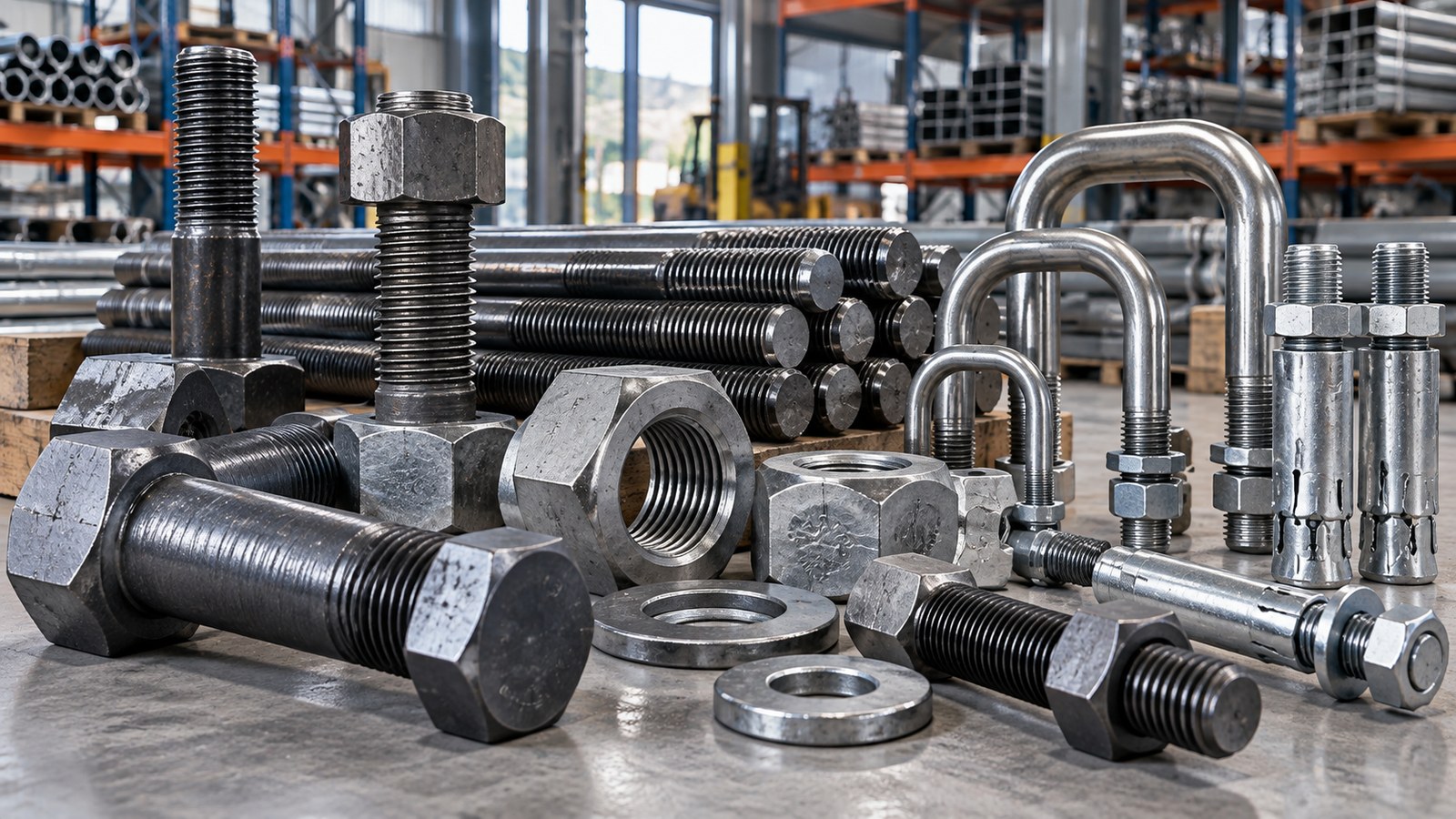 Heavy-duty industrial fasteners including large bolts, studs, threaded rod, nuts and washers