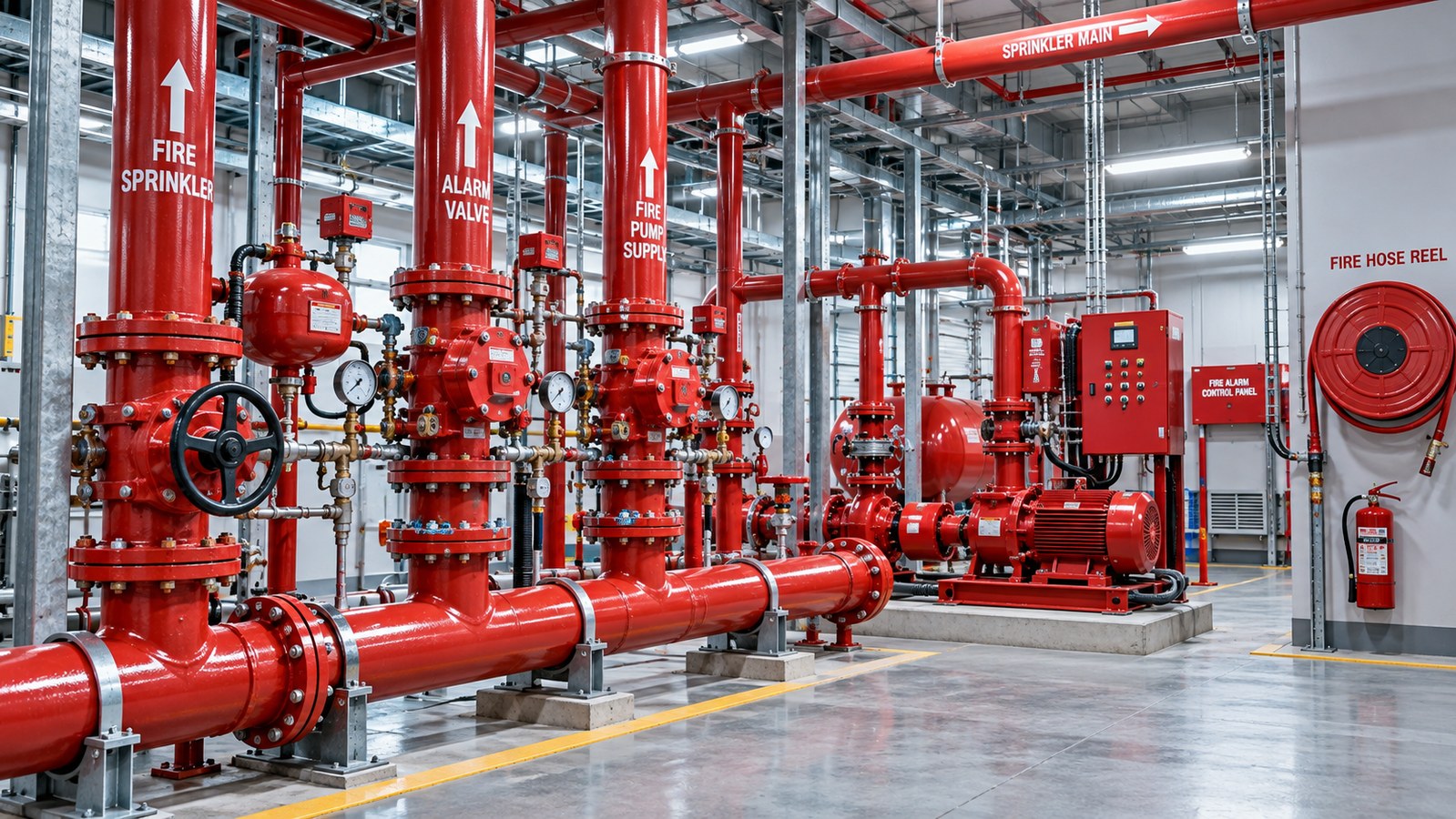 Industrial fire protection system with sprinkler piping, pumps, valves and controls