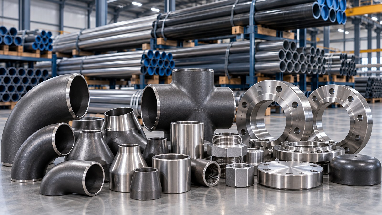 Industrial steel pipes, elbows, tees, reducers and flanges