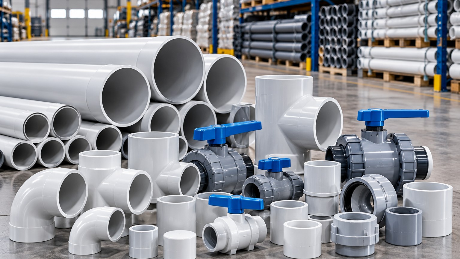 PVC pipes, fittings, unions and valves